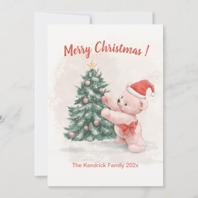 Carte de Noël rétro Pink Teddy Bear (Devant)
