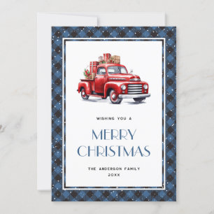 Carte de Noël Retro Red Truck bleu Plaid