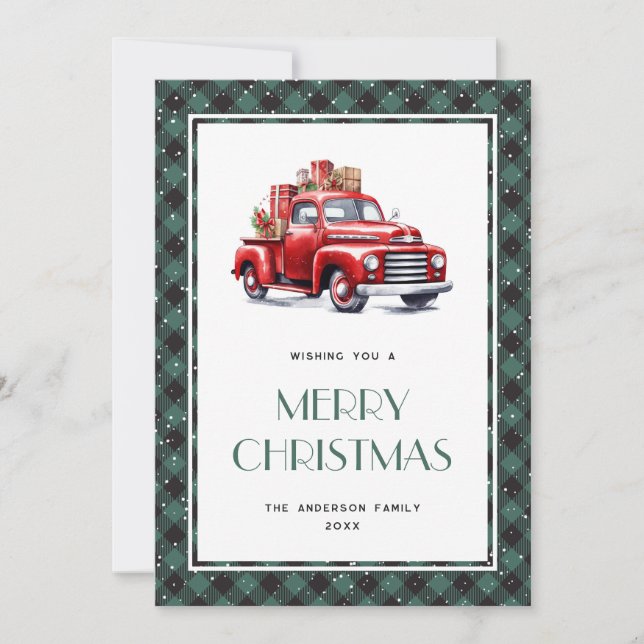 Carte de Noël Retro Red Truck Green Plaid (Devant)