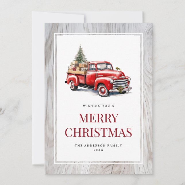 Carte de Noël Retro Red Truck Rustic Wood Joyeux (Devant)