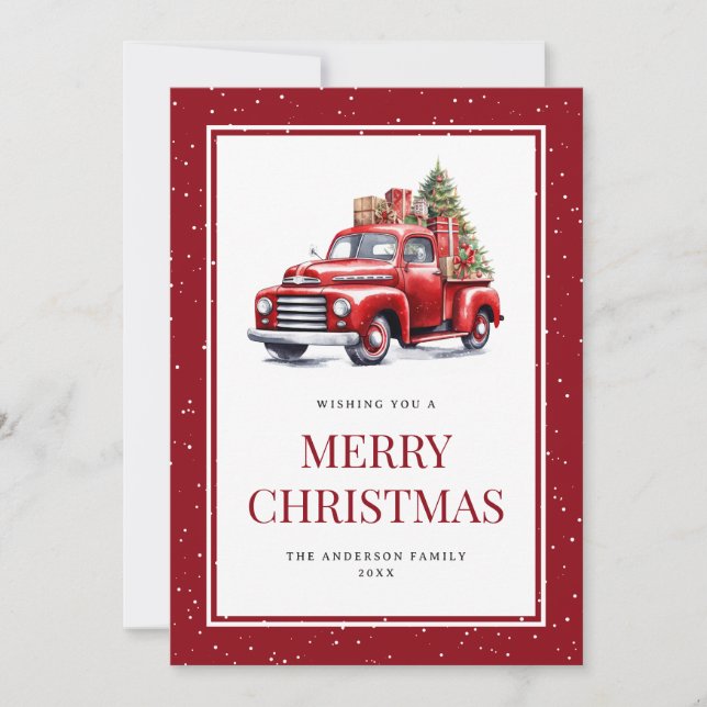Carte de Noël Retro Red Truck Tree Snowry Joyeux (Devant)