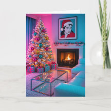 Carte de Noël rétro rose et sarcelle représentant 