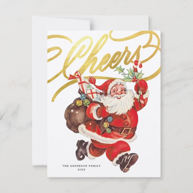 Carte de Noël rétro Santa Gold Script Cheers sans  (Devant)