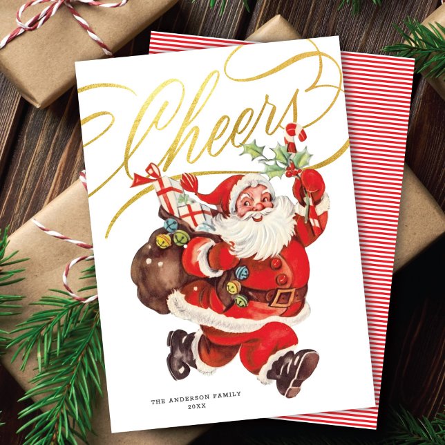 Carte de Noël rétro Santa Gold Script Cheers sans  (Créateur téléchargé)