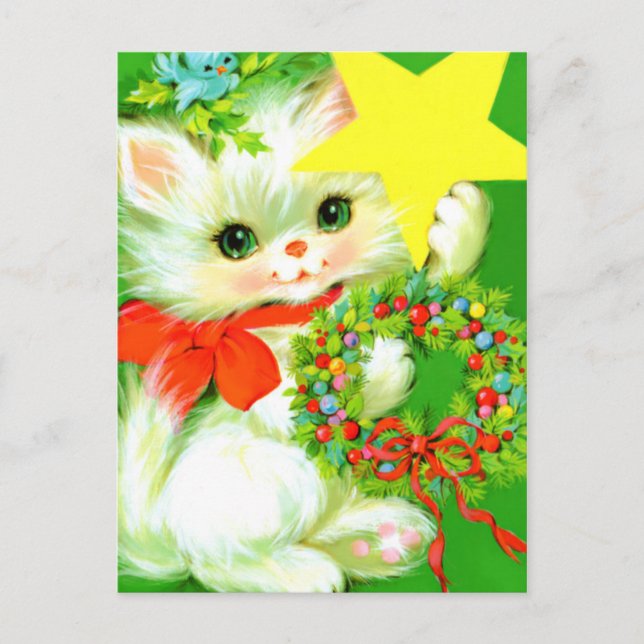 Carte de Noël rétro vintage chat fêtes (Devant)