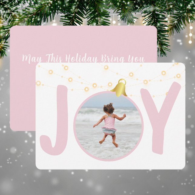 Carte de Noël rose Joyl Baby avec une seule photo (Joy In Baby Pink Single Photo Christmas Holiday Card)