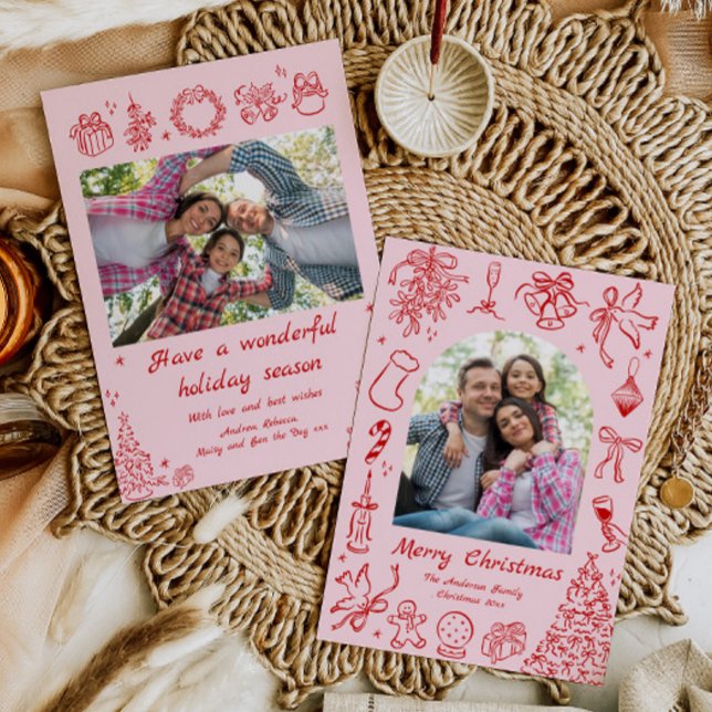 Carte de Noël rose tendance Doodle Carte de vacanc (Créateur téléchargé)