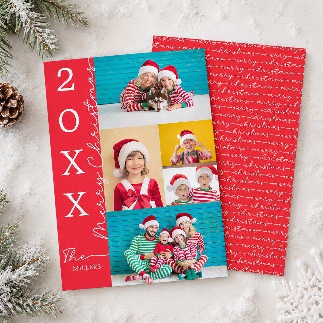 Carte de Noël rouge avec typographie script pour p (Red Merry Christmas Script Typography Photo Holiday Card)