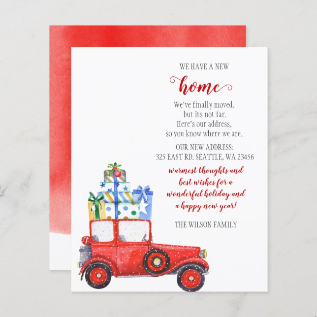 Carte de Noël Rouge Budgetaire Nous Avons Déménagé (Devant / Derrière)