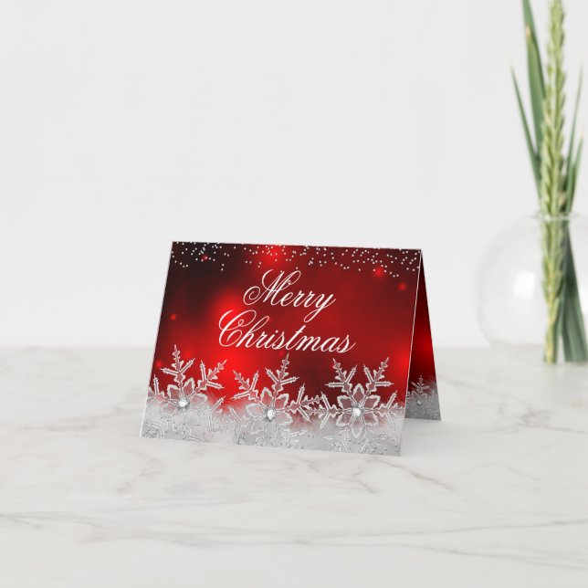 Carte de Noël Rouge Flocon de Neige Cristallin (Devant)