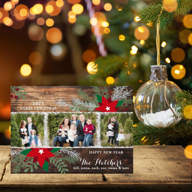 Carte de Noël Rouge Poinsettias en bois foncé (Créateur téléchargé)