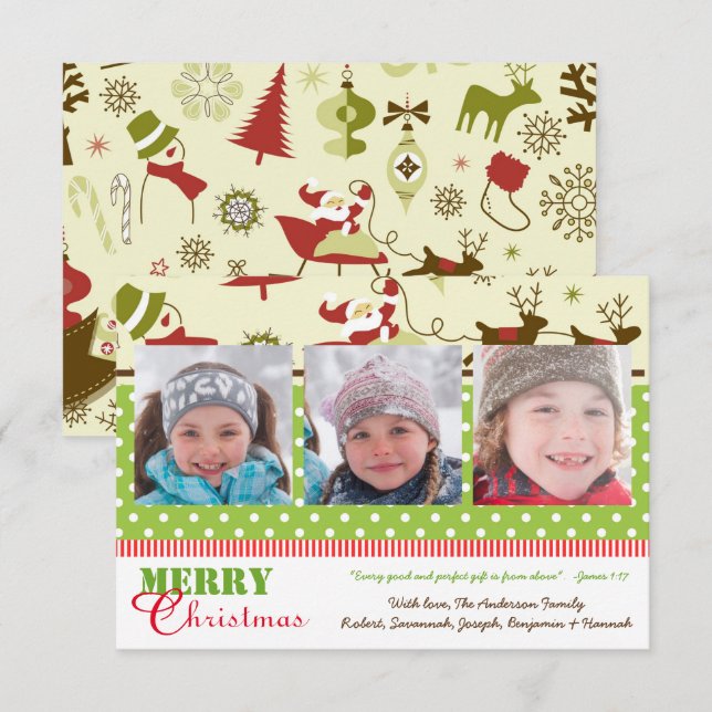 Carte de Noël Rouge, Vert, Marron Rétro 3 Photos-3 (Devant / Derrière)