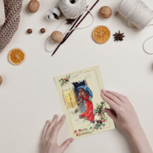 Carte de Noël rouge vintage de la Dame victorienne