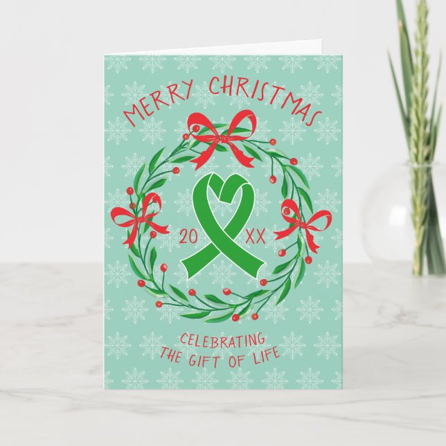 Carte de Noël Ruban Vert Plié Transplantation d'Or (Devant)