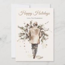 Carte de Noël rustique aquarelle bois cône de pin