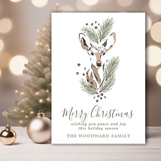 Carte de Noël rustique aquarelle cerf pin (Créateur téléchargé)