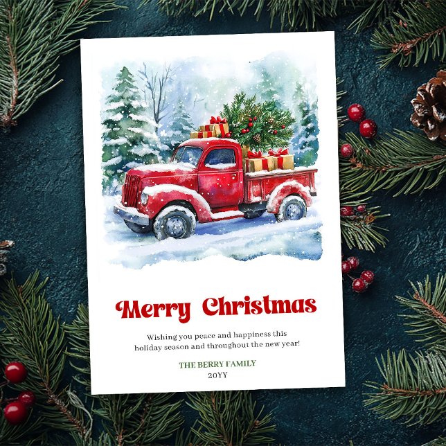 Carte de Noël rustique avec camion rouge charmante (Charming red truck christmas scene rustic card design)