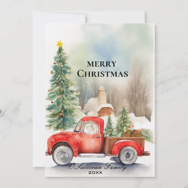 Carte de Noël Rustique Camion Rouge - Élégance Vin (Devant)