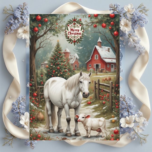 Carte de Noël rustique de ferme avec cheval et gra (Rustic Farm Horse Red Barn Merry Christmas Card)