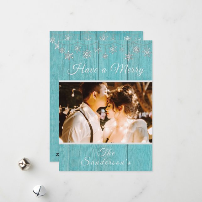 Carte de Noël Rustique en Bois Bleu Joyeux Noël (Devant/Arrière en situation)