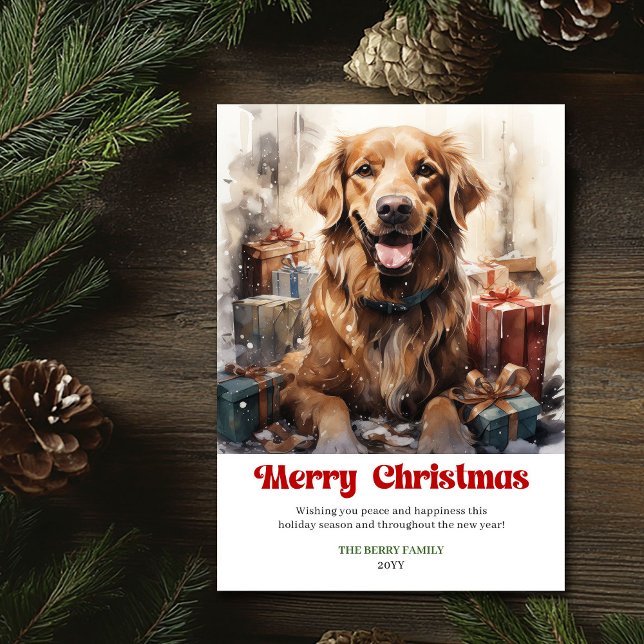 Carte de Noël rustique vintage avec chien classiqu (Vintage rustic Christmas scene classic animal card)