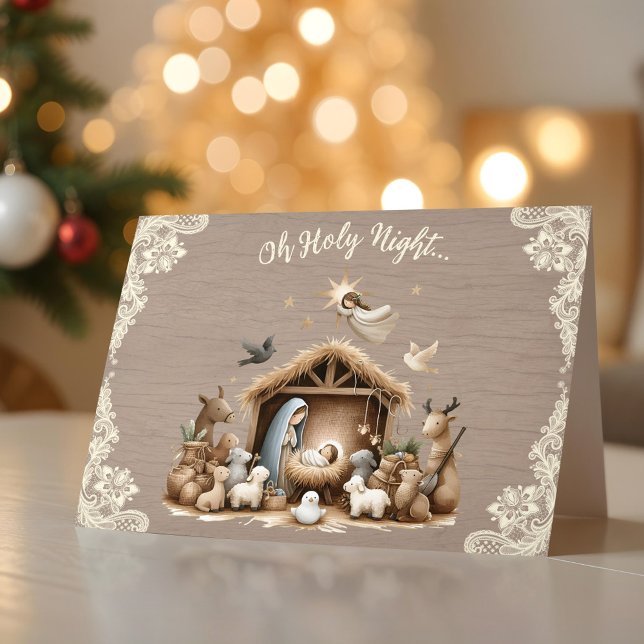 Carte de Noël scène de Nativité en dentelle rustiq (Rustic Lace and Wood Nativity Scene Christmas Card)