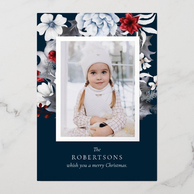 Carte de Noël Silver Foil Navy Foliing Photo (Recto)