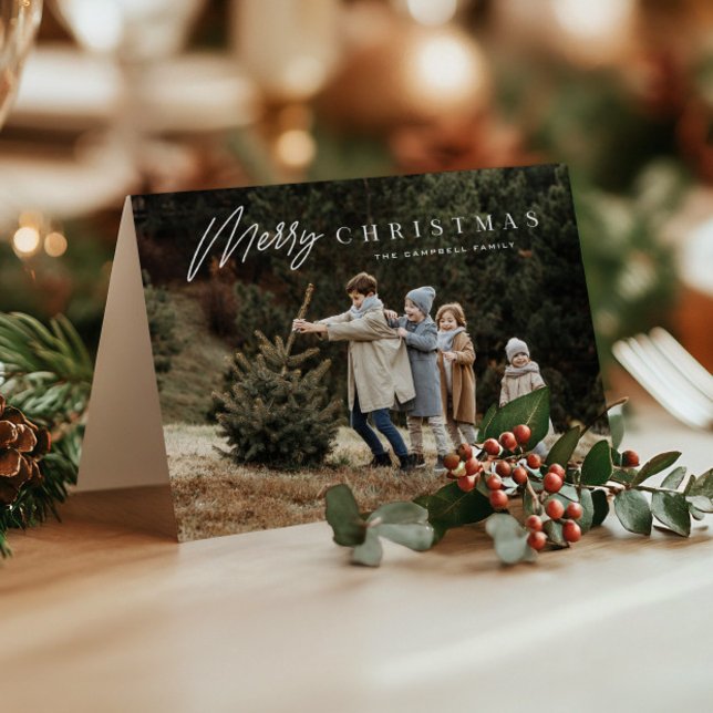 Carte de Noël simple avec écriture 3 photos  (Modern Merry Christmas 3 Photo Holiday Cards.)