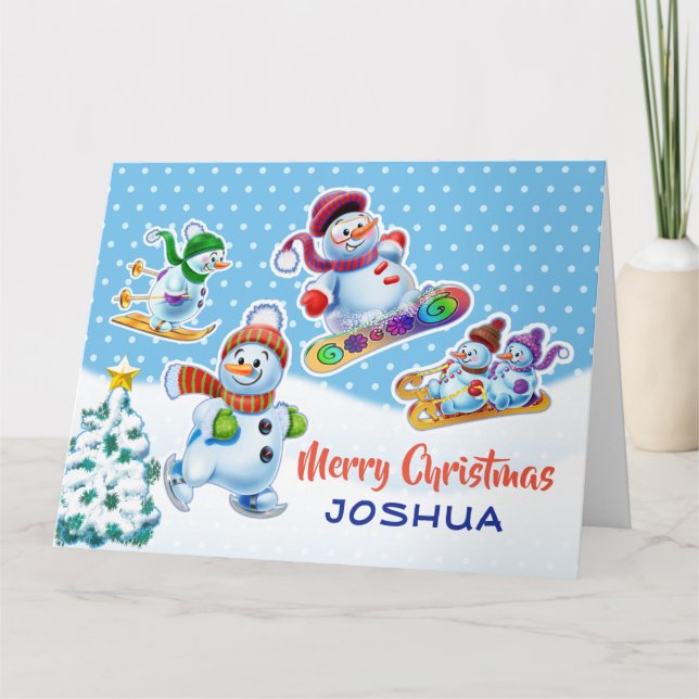 Carte de Noël snowmen carte de nom personnalisée. (Devant)