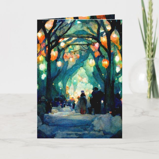 Carte de Noël soirée collecte lumières colorées (Devant)