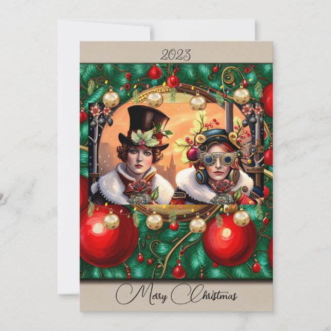 Carte de Noël Steampunk à plat Two Hearts Christma (Devant)
