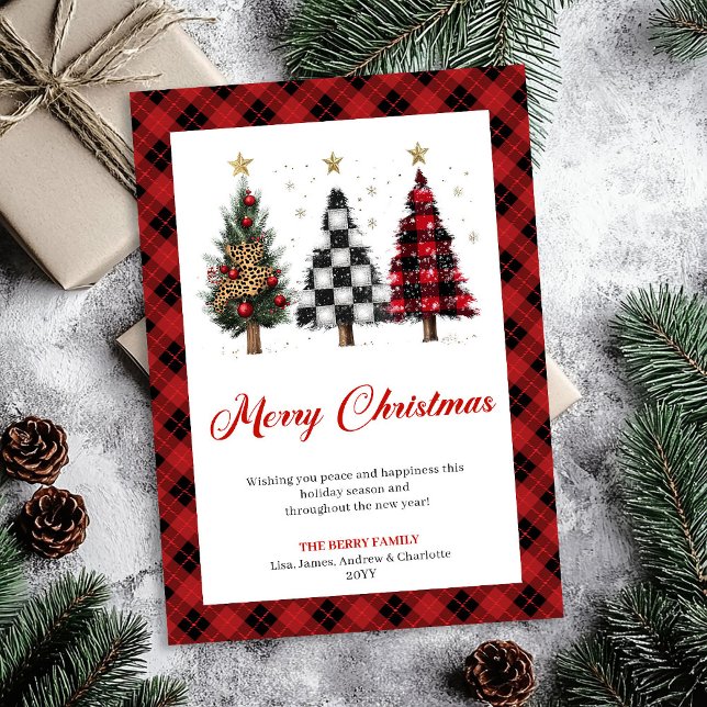 Carte de Noël stylée avec sapins en plaid de Buffa (Stylish Buffalo Plaid Christmas Tree Editable Card)