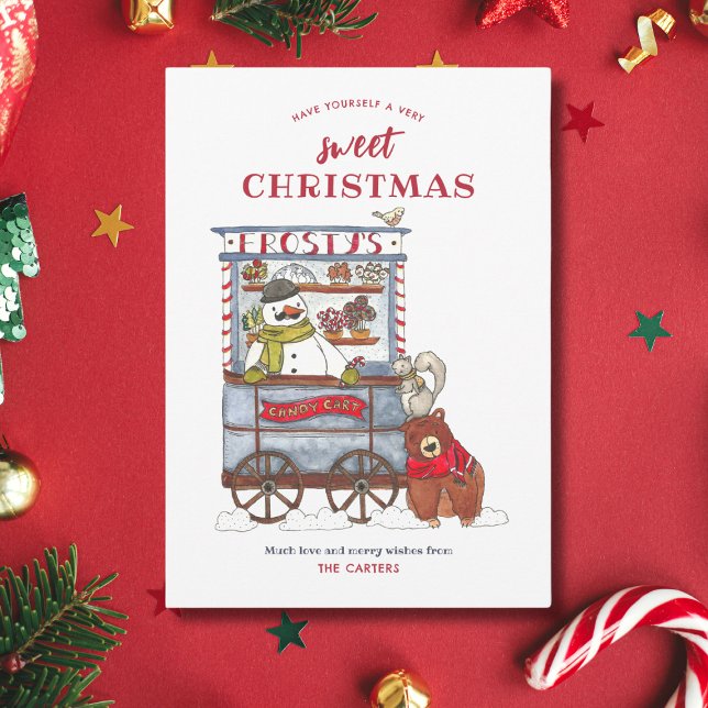 Carte de Noël Sweet Snowman Candy Cart Watercolor (Créateur téléchargé)