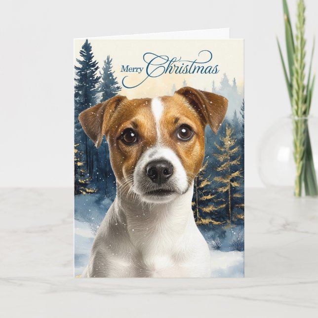 Carte de Noël Terrier Jack Russell en forêt de pin (Devant)