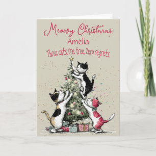 Carte de Noël Trois Chats Décorant Un Arbre