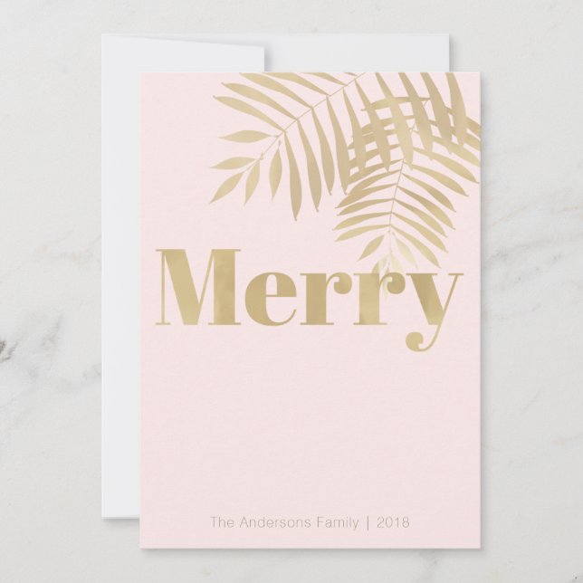 Carte de Noël Tropical Blush Pink & Gold Joyeux (Devant)