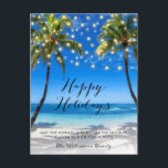 Carte de Noël Tropical Coastal Beach<br><div class="desc">Carte de vacances de Noël Tropical Coastal Beach - Envoyez un peu de paradis à votre famille et à vos amis cette saison de vacances. La carte de Noël présente une magnifique scène de plage tropicale avec des lumières à cordes brillantes et des lettres de script assez modernes qui dit...</div>