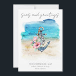 Carte de Noël Tropical Coastal Beach<br><div class="desc">Carte de vacances de Noël Tropical Coastal Beach - Une magnifique scène de plage tropicale, avec une ancre avec des fleurs tropicales et des cloches de jingle. Plage et mer en arrière - plan. Moderne, la typographie manuscrite dit "mers et salutations" avec votre nom de famille ou d'entreprise, les noms...</div>