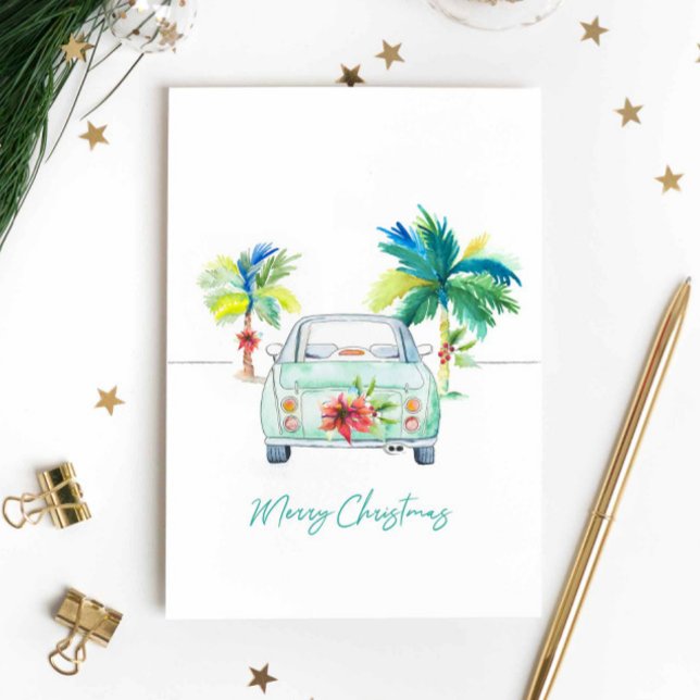 Carte de Noël Tropical Florida Aquarelle (Tropical holiday greeting cards features Christmas palm tree and car design by Victoria Grigaliunas)