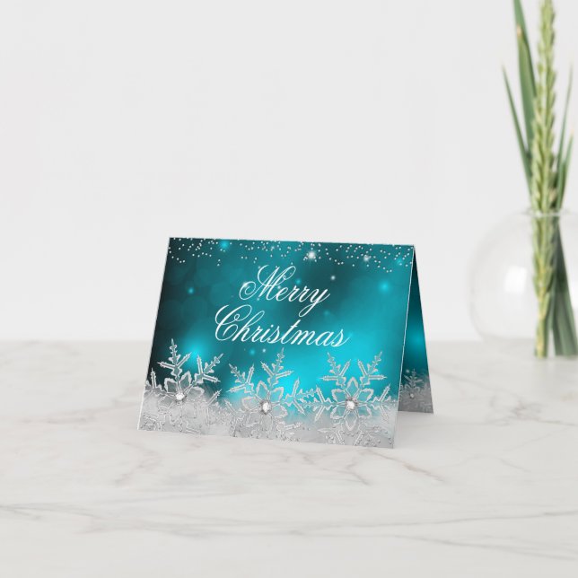 Carte de Noël Turquoise Flocon de Neige Cristallin (Devant)