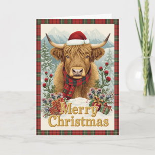 Carte de Noël vache des Highlands à tartan