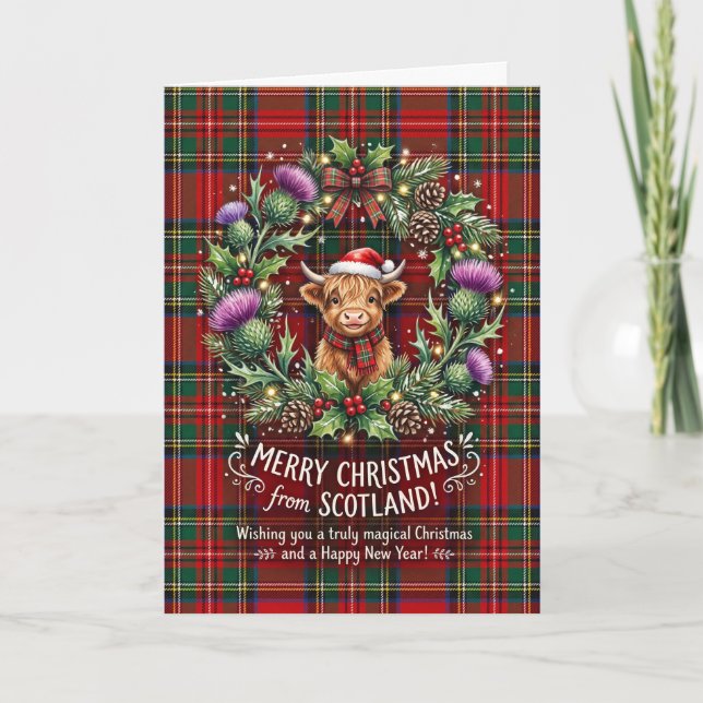 Carte de Noël vache des Highlands tartan (Devant)