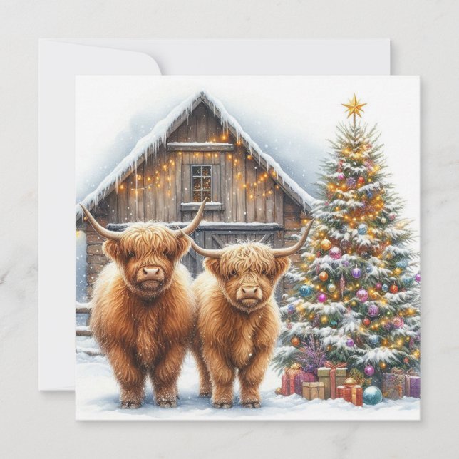 Carte de Noël vaches des Highlands, arbre et une g (Devant)