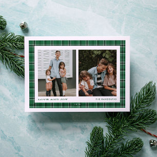 Carte de Noël verte à carreaux double photo Love a