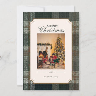 Carte de Noël verte à carreaux et trois photos pou