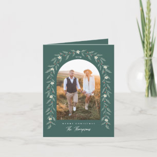 Carte de Noël verte avec photo encadrée d'une guir