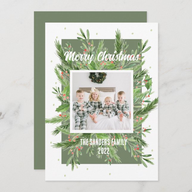 Carte de Noël verte et rouge Holly douce et légère (Devant / Derrière)