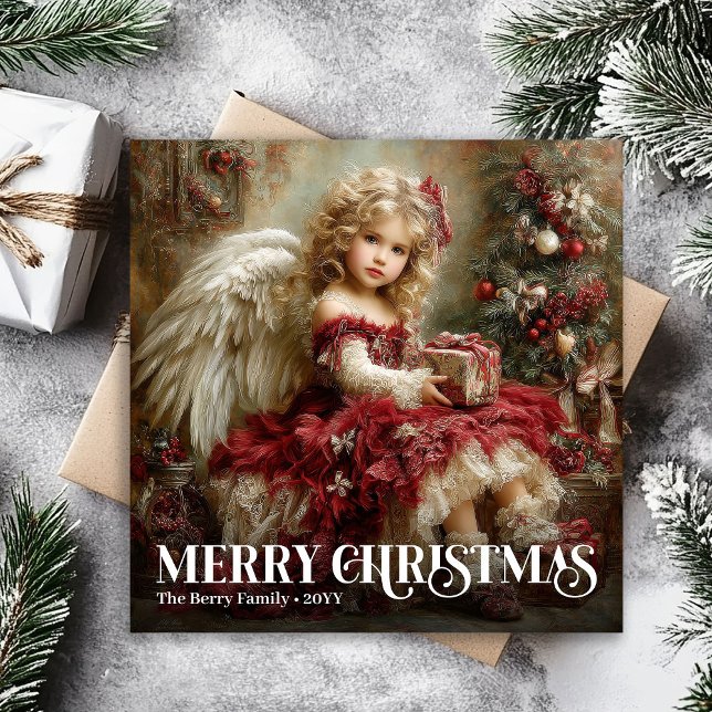 Carte de Noël victorienne angélique classique roug (Classic Angelic Victorian Christmas Card in Deep Red)