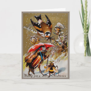 Carte de Noël victorienne avec insectes et oiseaux