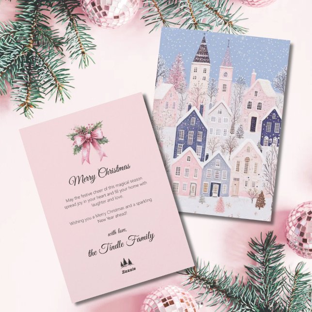 Carte de Noël Village Script Rose Aquarelle (Winter Christmas Pink Village)